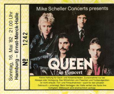 Ticket stub - Queen live at the Ernst-Merck Halle, Hamburg, Germany [16.05.1982]