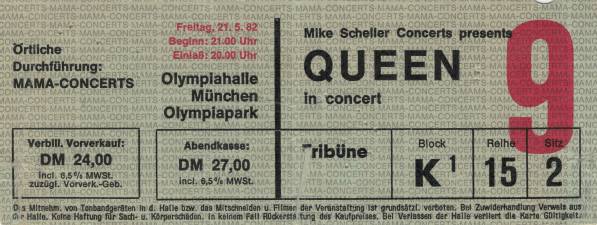 Ticket stub - Queen live at the Olympiahalle, Munich, Germany [21.05.1982]