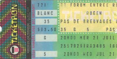 Ticket stub - Queen live at the Forum, Montreal, Canada [21.07.1982]