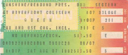 Ticket stub - Queen live at the Riverfront Coliseum, Cincinnati, OH, USA [07.08.1982]