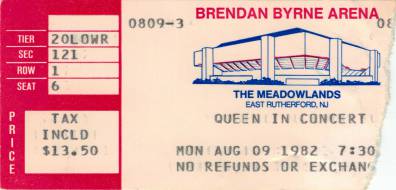 Ticket stub - Queen live at the Brendan Byrne Arena, East Rutherford, NJ, USA [09.08.1982]