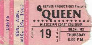 Ticket stub - Queen live at the Mississippi Coast Coliseum, Biloxi, MS, USA [19.08.1982]