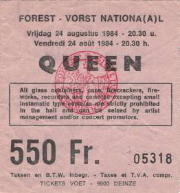 Ticket stub - Queen live at the Forest National, Brussels, Belgium [24.08.1984]