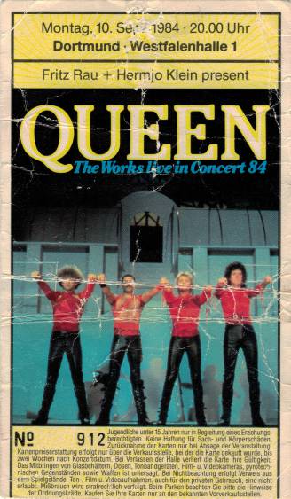 Ticket stub - Queen live at the Westallenhalle, Dortmund, Germany [11.09.1984]