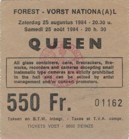 Ticket stub - Queen live at the Forest National, Brussels, Belgium [21.09.1984]