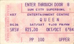 Ticket stub - Queen live at the Super Bowl, Sun City, Bophuthatswana [06.10.1984]
