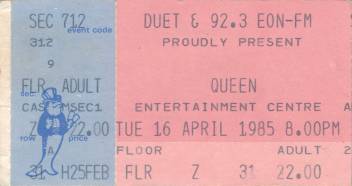 Ticket stub - Queen live at the Sports & Entertainments Centre, Melbourne, Australia [16.04.1985]