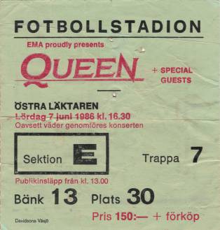 Ticket stub - Queen live at the Rasunda Fotbollstadion, Stockholm, Sweden [07.06.1986]