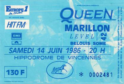 Ticket stub - Queen live at the Hippodrome de Vincennes, Paris, France [14.06.1986]