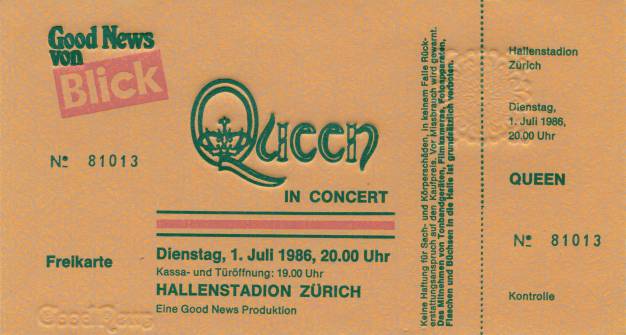Ticket stub - Queen live at the Hallenstadion, Zurich, Switzerland [01.07.1986]