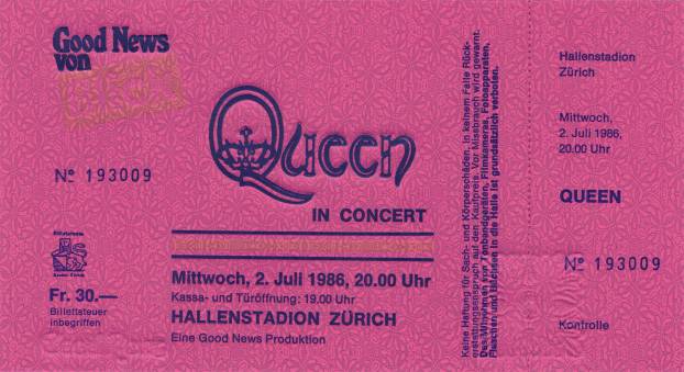 Ticket stub - Queen live at the Hallenstadion, Zurich, Switzerland [02.07.1986]