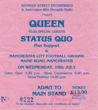 Ticket stub - Queen live at the Maine Road, Manchester, UK [16.07.1986]