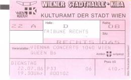 Ticket stub - Queen live at the Stadthalle, Vienna, Austria [22.07.1986]