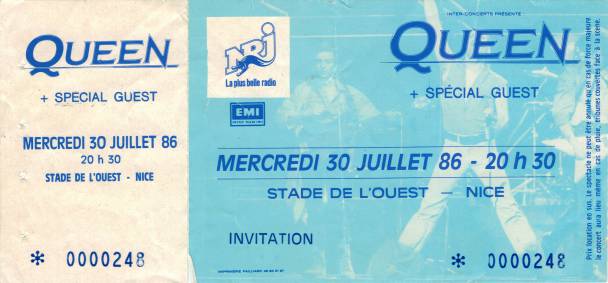 Ticket stub - Queen live at the Amphitheatre, Frejus, France [30.07.1986]