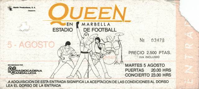 Ticket stub - Queen live at the Estadio Municipal, Marbella, Spain [05.08.1986]