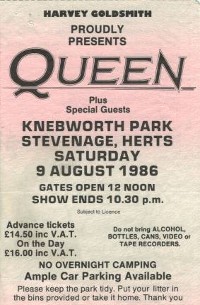 Ticket stub - Queen live at the Knebworth Park, Stevenage, UK [09.08.1986]