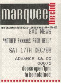 Ticket stub - Brian May live at the The Marquee Club, London, UK (with Bad News and Jeff Beck) [17.12.1988]