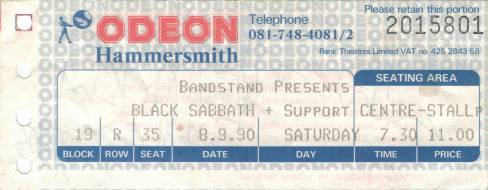 Ticket stub - Brian May live at the Hammersmith Odeon, London, UK (with Black Sabbath) [08.09.1990]