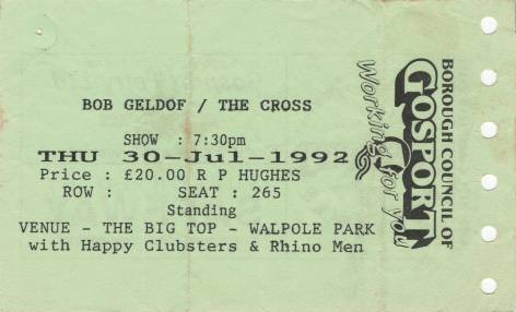 Ticket stub - The Cross live at the Walpole Park, Gosport, UK (Gosport festival) [30.07.1992]