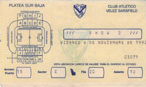 Ticket stub - Brian May live at the Estadio José Amalfitani de Velez Sarsfield, Buenos Aires, Argentina [06.11.1992]