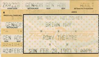 Ticket stub - Brian May live at the Roxy Theatre, Atlanta, GA, USA [28.02.1993]