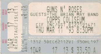 Ticket stub - Brian May live at the Copps Coliseum, Hamilton, Canada [12.03.1993]
