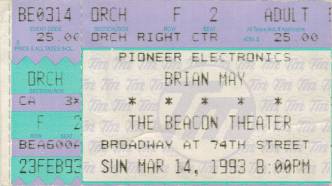 Ticket stub - Brian May live at the Beacon Theatre, New York, NY, USA [14.03.1993]