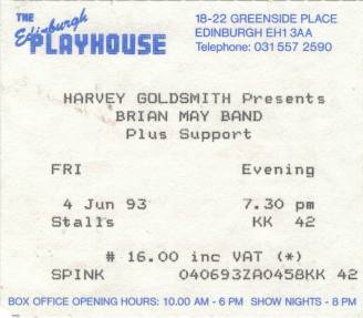 Ticket stub - Brian May live at the Playhouse Theatre, Edinburgh, UK [04.06.1993]