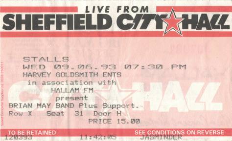 Ticket stub - Brian May live at the City Hall, Sheffield, UK [09.06.1993]