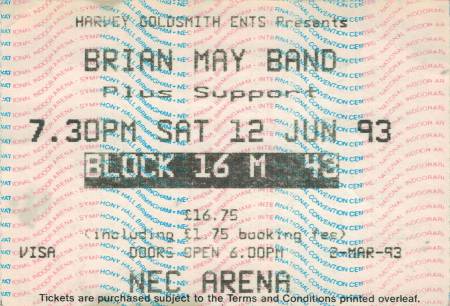 Ticket stub - Brian May live at the National Exhibition Centre, Birmingham, UK [12.06.1993]