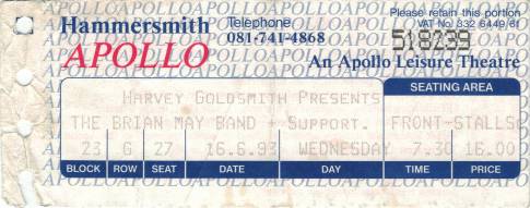 Ticket stub - Brian May live at the Hammersmith Apollo, London, UK [16.06.1993]