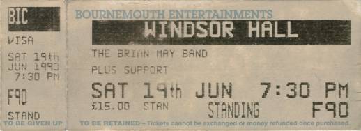 Ticket stub - Brian May live at the Windsor Hall, Bournemouth, UK [19.06.1993]