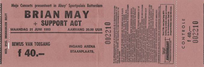 Ticket stub - Brian May live at the Ahoy Hall, Rotterdam, The Netherlands [21.06.1993]