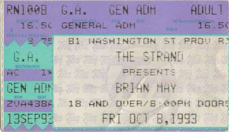 Ticket stub - Brian May live at the The Strand, Providence, RI, USA [08.10.1993]