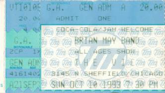 Ticket stub - Brian May live at the The Vic Theater, Chicago, IL, USA [10.10.1993]