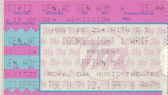 Ticket stub - Brian May live at the Royal Oak Theater, Detroit, MI, USA [12.10.1993]