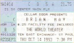 Ticket stub - Brian May live at the The World Theater, St. Paul, MN, USA [14.10.1993]