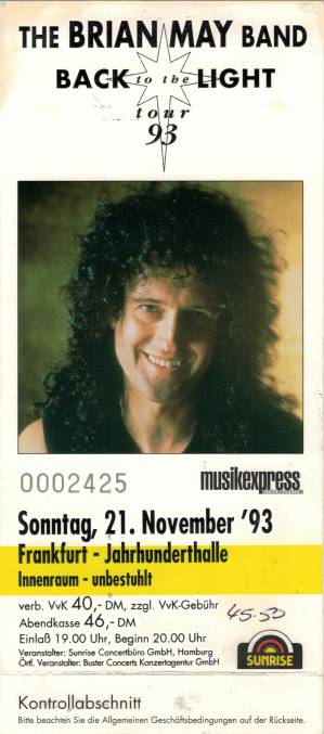 Ticket stub - Brian May live at the Jahrhunderthalle, Frankfurt, Germany [21.11.1993]