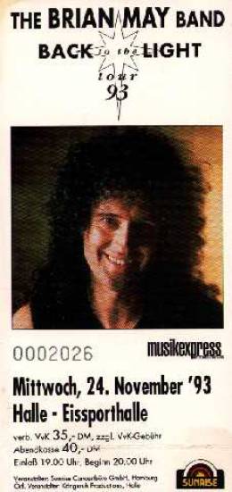 Ticket stub - Brian May live at the Eissporthalle, Halle, Germany [24.11.1993]