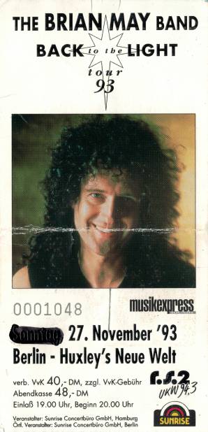 Ticket stub - Brian May live at the Huxley's Neue Welt, Berlin, Germany [27.11.1993]