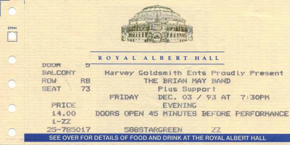 Ticket stub - Brian May live at the Royal Albert Hall, London, UK [03.12.1993]