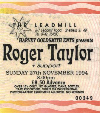 Ticket stub - Roger Taylor live at the The Leadmill, Sheffield, UK [27.11.1994]