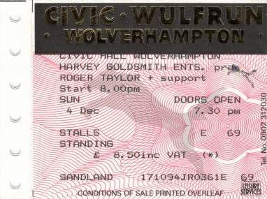 Ticket stub - Roger Taylor live at the Civic Hall, Wolverhampton, UK [04.12.1994]
