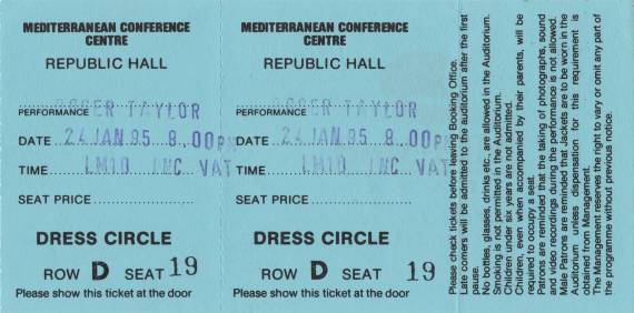 Ticket stub - Roger Taylor live at the Teatro Nazionale La Valetta, Valletta, Malta [24.01.1995]