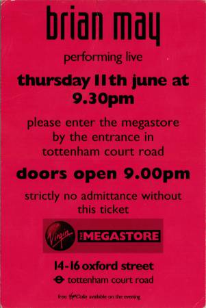 Ticket stub - Brian May live at the Virgin Megastore (Oxford street), London, UK [11.06.1998]