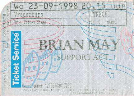 Ticket stub - Brian May live at the Vredenburg, Utrecht, The Netherlands [23.09.1998]