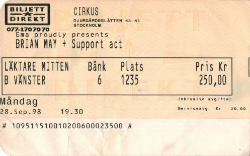 Ticket stub - Brian May live at the Cirkus, Stockholm, Sweden [28.09.1998]