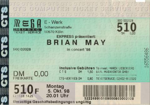 Ticket stub - Brian May live at the E-Werk, Cologne, Germany [05.10.1998]