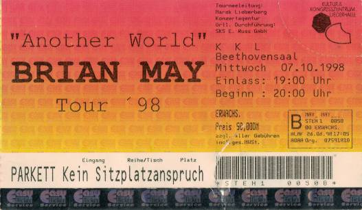 Ticket stub - Brian May live at the Beethovensaal, Stuttgart, Germany [07.10.1998]