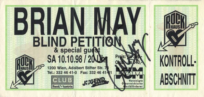 Ticket stub - Brian May live at the Rock Haus, Vienna, Austria [10.10.1998]